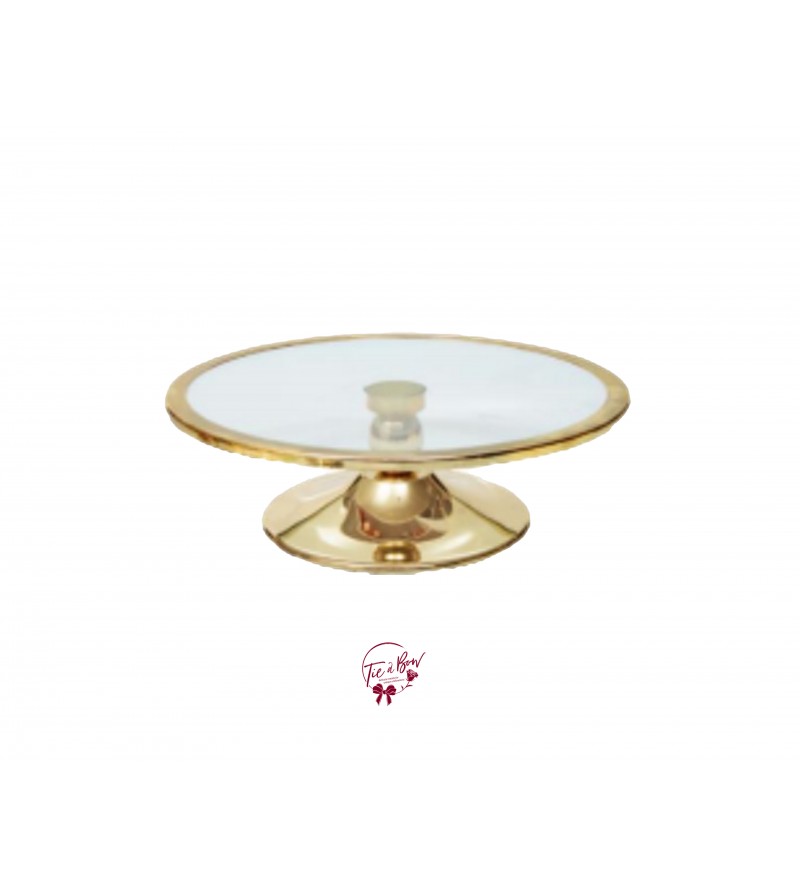 Gold Cake Stand With Glass Plate With Rim (Short): 12in W x 3.5in H
