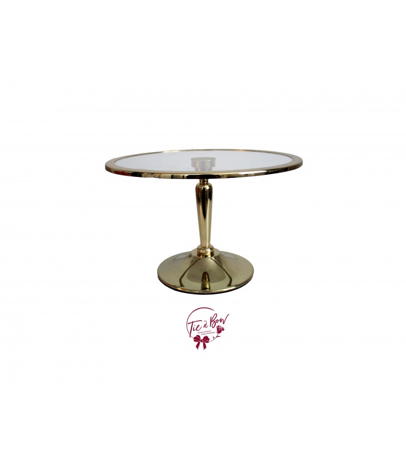 Gold Cake Stand With Glass Plate With Rim (Medium): 12in W x 7.5in H