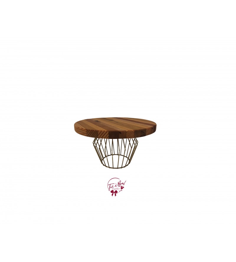 Wood: Wooden Plate with Golden Wire Base Cake Stand: 10in W x 5.5in H