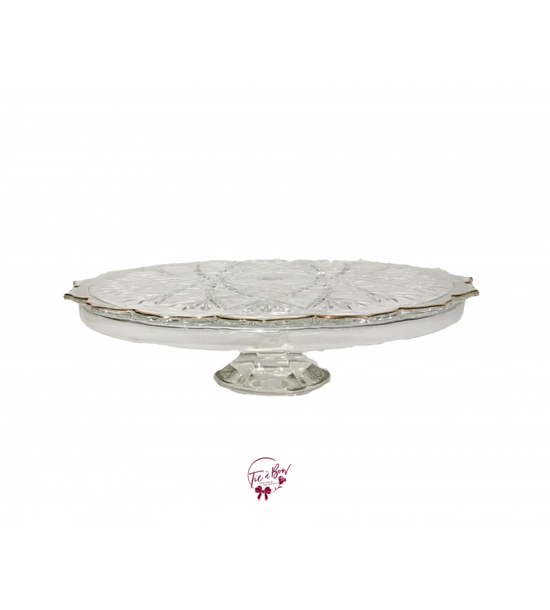 Clear: Vintage Clear Petal Design With Golden Trim Cake Stand: 13.5in W x 3.75in H