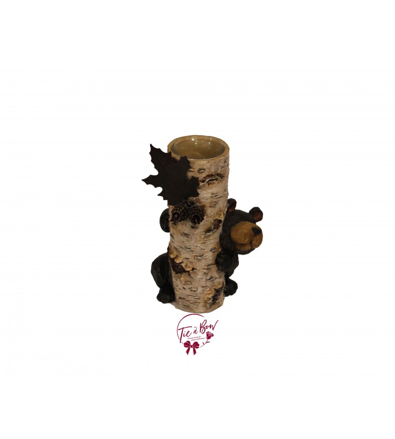 Candle Holder: Faux Birch Wood With Bear - Medium Candle Holder 