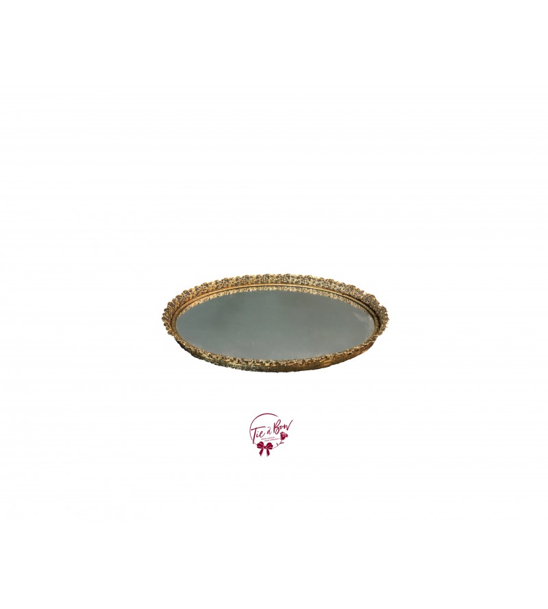 Gold Lacy Edge Vintage Oval Mirrored Tray 